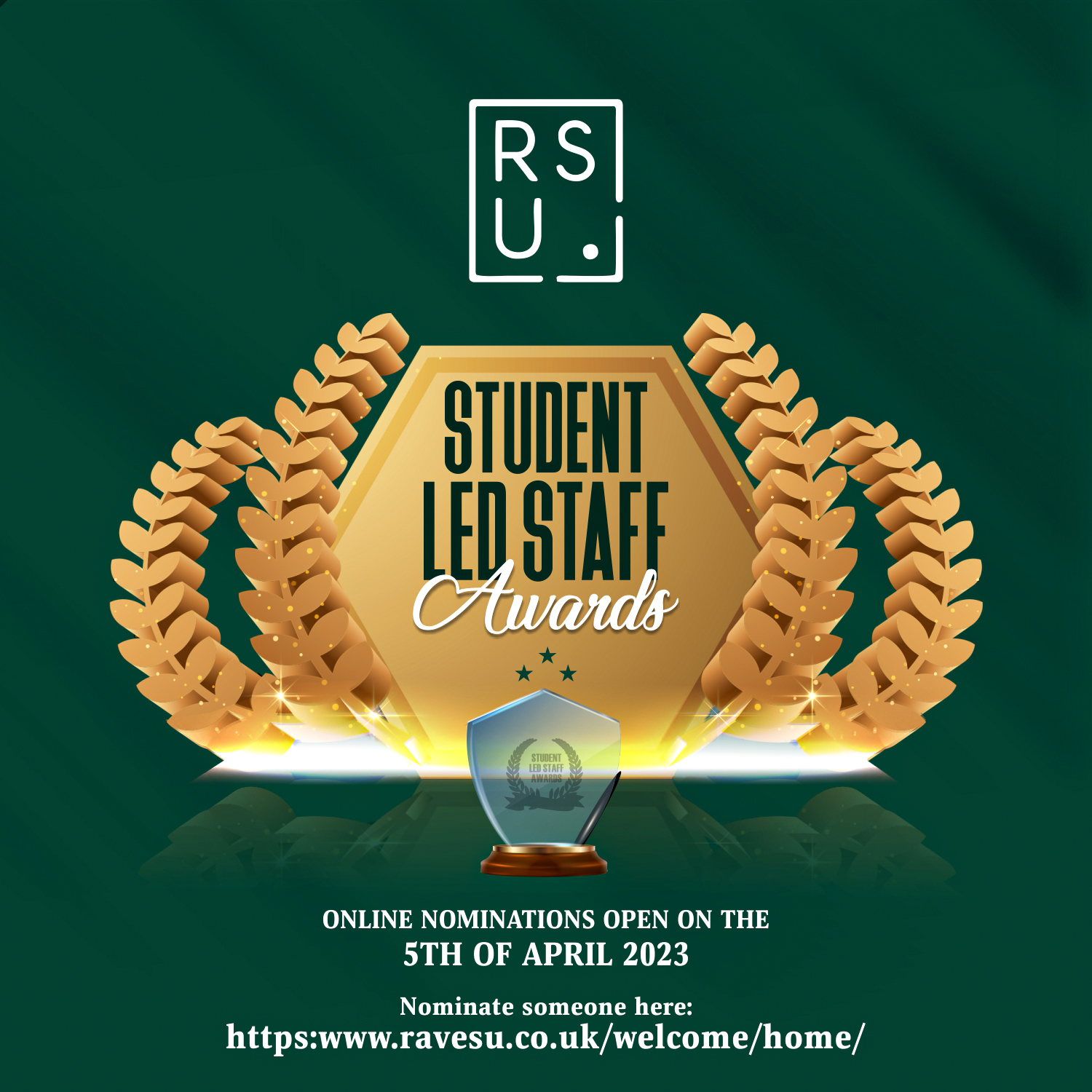 A graphic showing the branding for Student Led Staff Awards, a golden laurel on a dark green background