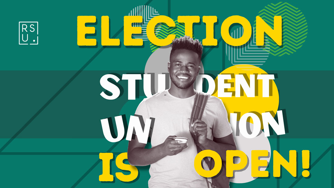 A graphic showing a student smiling at the camera with the words 'Students' Union elections are now open' written around him